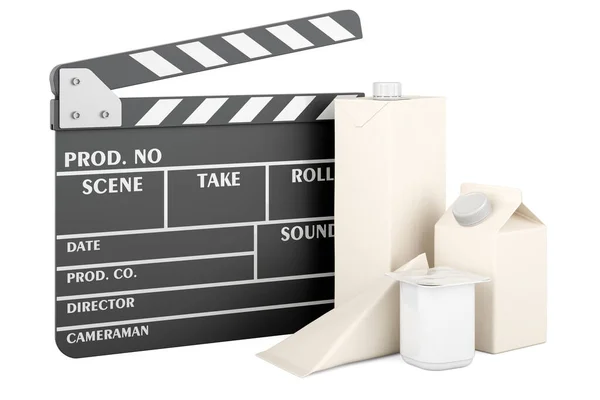 Förpackning För Mejeri Juice Produkter Med Film Clapper Rendering Isolerad — Stockfoto