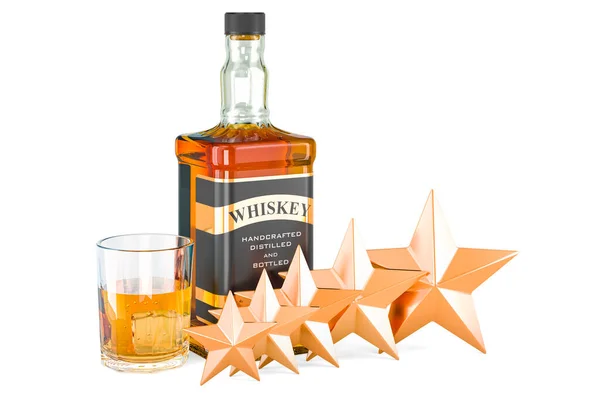 Viski Şişesi Beş Yıldızlı Bir Bardak Viski Müşteri Derecesi Boyutlu — Stok fotoğraf
