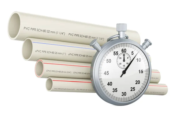 聚氯乙烯管 复合管 聚氯乙烯管 带秒表的聚氯乙烯管 在白色背景上隔离的三维渲染 — 图库照片