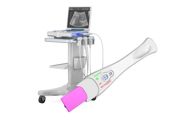 携帯医療超音波診断機 スキャナーで妊娠検査陽性です 白い背景に隔離された3Dレンダリング — ストック写真
