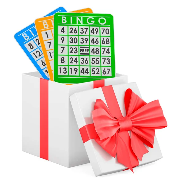 Bingo Kaarten Geschenkdoos Huidige Concept Rendering Geïsoleerd Witte Achtergrond — Stockfoto