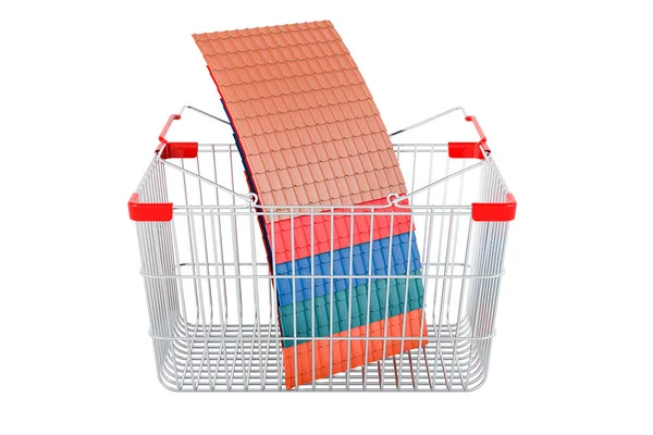 Color Metal Střešní Tašky Uvnitř Nákupního Košíku Vykreslování Izolované Bílém — Stock fotografie