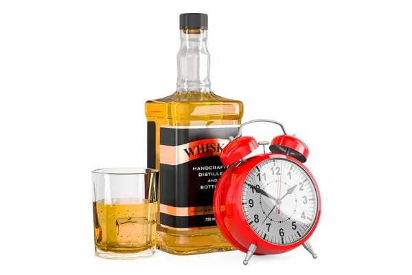 Whiskey Bottle Full Glass Whiskey Alarm Clock Rendering Isolated White — Stock Photo, Image