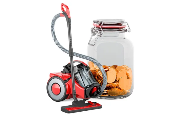 Vacuum Cleaner Glass Jar Full Golden Coins Rendering Isolated White — Stock Photo, Image