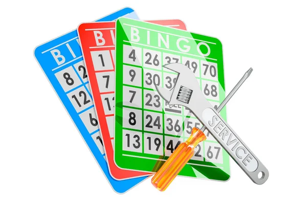 Bingo Kártyák Csavarhúzóval Csavarkulccsal Renderelés Elszigetelt Fehér Háttér — Stock Fotó