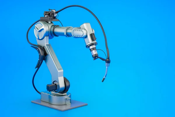 Robot welding. 3D rendering isolated on blue background
