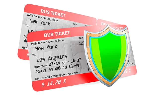 Bus tickets with shield. 3D rendering isolated on white background