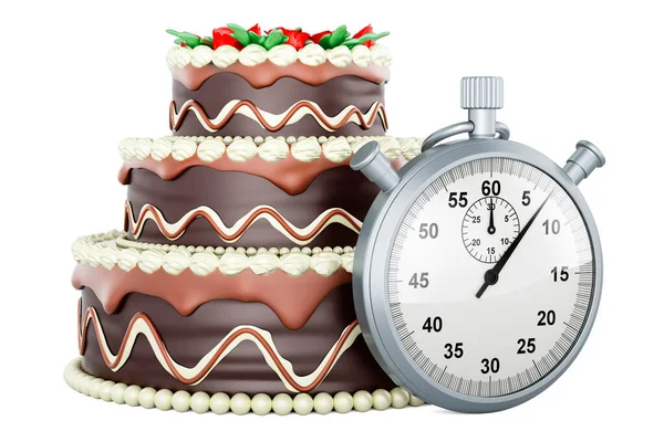 stock image Chocolate Birthday Cake with stopwatch, 3D rendering isolated on white background