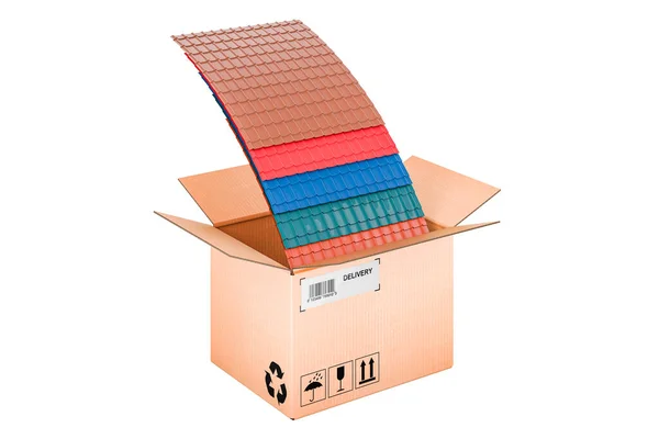 Azulejos Techo Metal Color Dentro Caja Cartón Concepto Entrega Representación — Foto de Stock