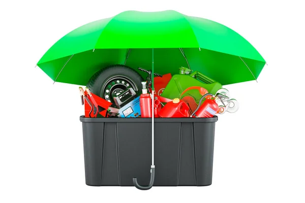 Boîte Plastique Pleine Outils Voiture Équipements Accessoires Sous Parapluie Rendu — Photo