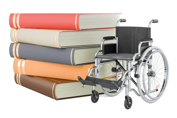 Kitaplı Tekerlekli Sandalye Özel Eğitim Konsepti Beyaz Arkaplanda Görüntüleme Izole — Stok fotoğraf