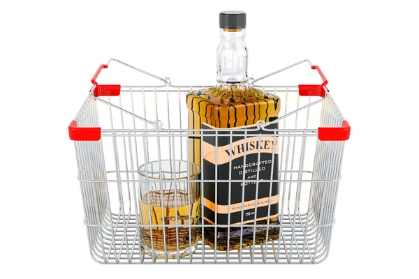 Viski Şişesi Bir Bardak Viski Alışveriş Sepetinin Içinde Boyutlu Görüntüler — Stok fotoğraf