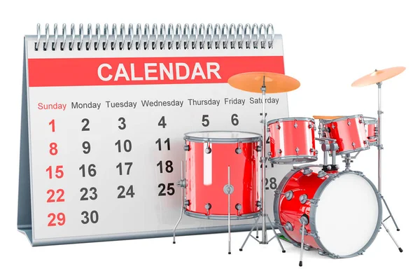 Drum kit with desk calendar, 3D rendering isolated on white background