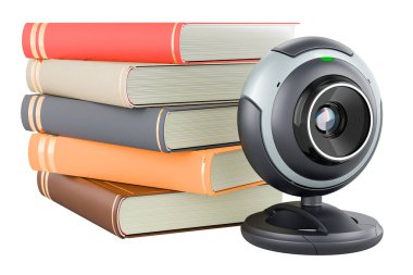 Çevrimiçi eğitim kavramı, web kamerası olan kitaplar, beyaz arkaplanda üç boyutlu görüntüleme
