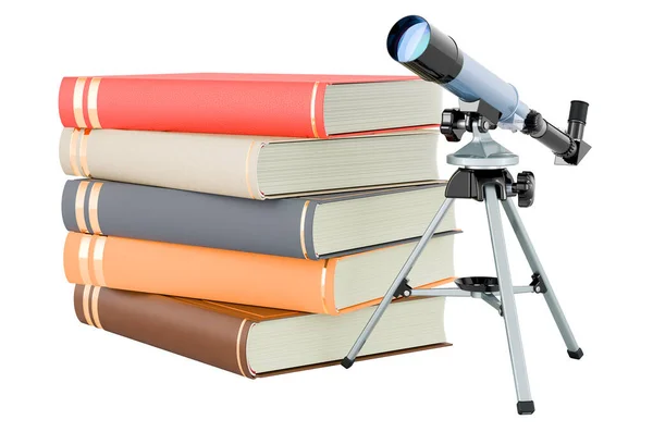 Libros Con Telescopio Representación Aislada Sobre Fondo Blanco — Foto de Stock