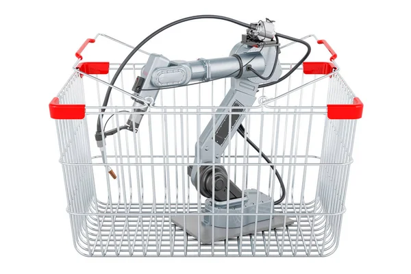 Soldadura Del Robot Dentro Cesta Compra Representación Aislada Sobre Fondo — Foto de Stock