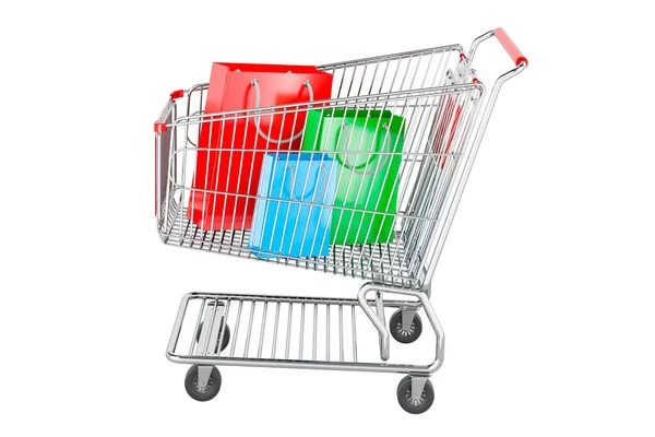 Alışveriş Arabasının Içinde Alışveriş Poşetleri Beyaz Arka Planda Boyutlu Görüntüleme — Stok fotoğraf