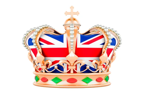 Χρυσό Βασιλικό Στέμμα Βρετανική Σημαία Έννοια Στέψης Απόδοση Απομονωμένη Λευκό — Φωτογραφία Αρχείου