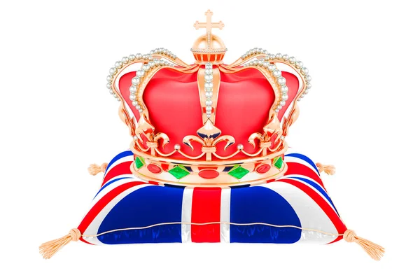 Corona Dorada Real Sobre Almohada Con Bandera Del Reino Unido — Foto de Stock