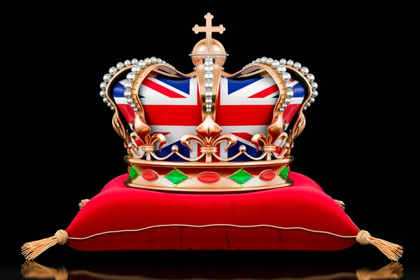 Královská Zlatá Koruna Vlajkou Spojeného Království Červeném Viletovém Polštáři Tmavém — Stock fotografie