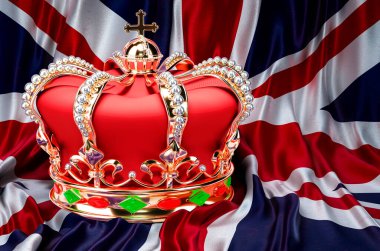 Birleşik Krallık bayraklarında mücevherleri olan kraliyet altın tacı, 3D görüntüleme