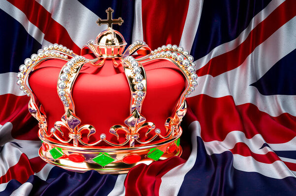 Royal golden crown with jewels on the United Kingdom flag background, 3D rendering