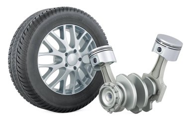 Otomobil tekerli pistonlar, beyaz arkaplanda 3 boyutlu görüntüleme