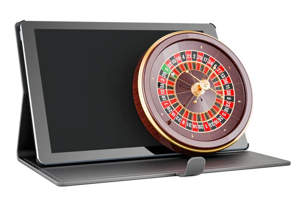 Casino Jugar Concepto Línea Ruleta Casino Con Tableta Computadora Representación — Foto de Stock