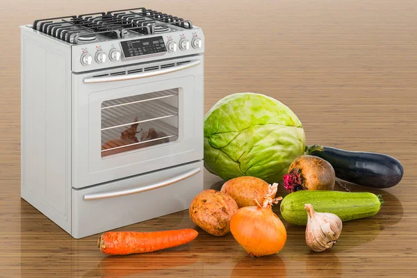 Stove Vegetables Wooden Table Rendering — Stock Photo, Image