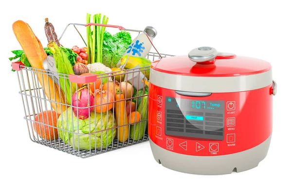 Automatic Multicooker Shopping Basket Full Products Rendering Isolated White Background — Stock Photo, Image