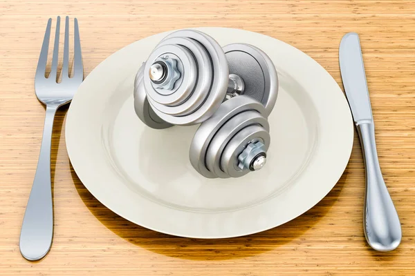 Dinner Plate Dumbbells Wooden Table Rendering — Stock Photo, Image