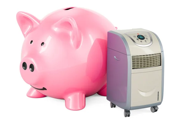 Draagbare Airconditioner Met Spaarvarken Bank Rendering Geïsoleerd Witte Achtergrond — Stockfoto