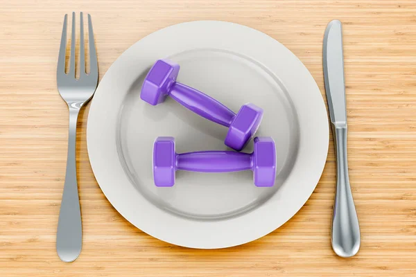 Πιάτο Φαγητού Αλτήρες Γυμναστικής Ξύλινο Τραπέζι Rendering — Φωτογραφία Αρχείου