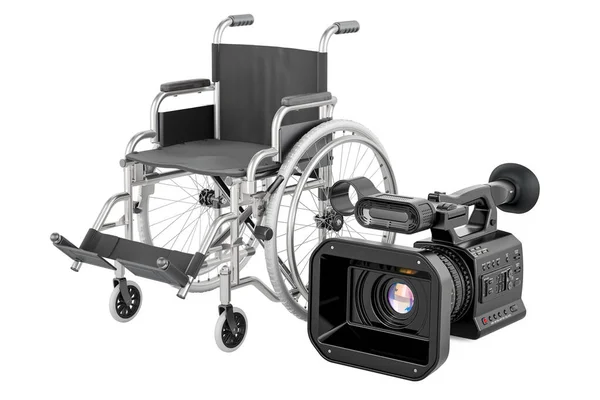 Επαγγελματική Βιντεοκάμερα Χειροκίνητο Αναπηρικό Καροτσάκι Απόδοση Απομονωμένη Λευκό Φόντο — Φωτογραφία Αρχείου