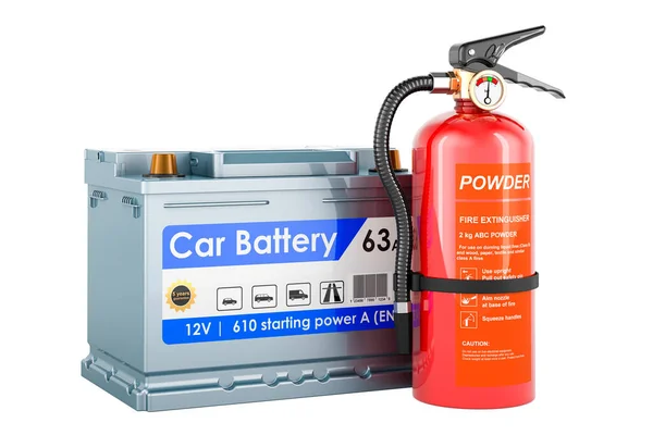 Bilbatteri Med Brandsläckare Rendering Isolerad Vit Bakgrund — Stockfoto