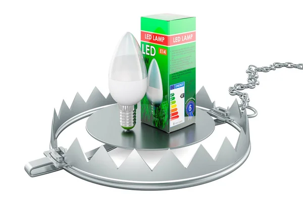 Lightbulb LED lamp inside bear trap, 3D rendering isolated on white background