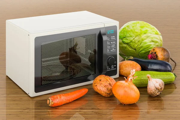 Microwave Oven Vegetables Wooden Table Rendering — Stock Photo, Image
