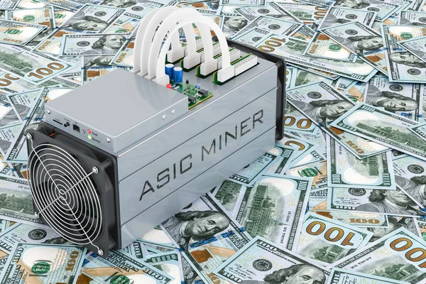 stock image ASIC miner on the dollars backdrop, 3D rendering