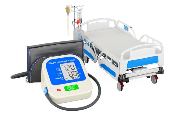 Automatisches Digitales Blutdruckmessgerät Mit Krankenhausbett Rendering Isoliert Auf Weißem Hintergrund — Stockfoto