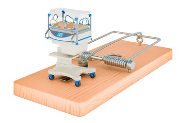 Yeni doğan kuluçka makinesi fare kapanının içinde. Beyaz arkaplanda 3B görüntüleme izole edildi 