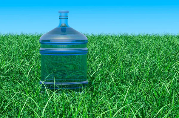Woda Butelkowana Zielonej Trawie Przed Błękitnym Niebem Renderowanie — Zdjęcie stockowe