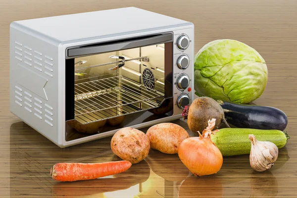Convection Toaster Oven Vegetables Rendering Wooden Table Rendering — Stock Photo, Image