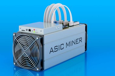 ASIC madencisi mavi arkaplanda, 3D görüntüleme