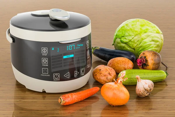 Automatic Multicooker Vegetables Wooden Table Rendering — Stock Photo, Image