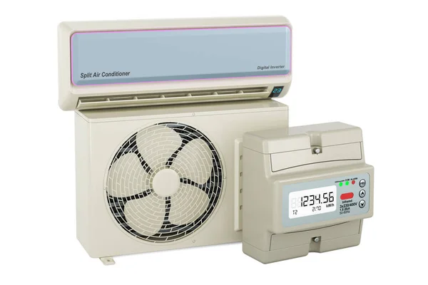 Elektromos Fogyasztásmérő Légkondicionálóval Renderelés Elszigetelt Fehér Háttérrel — Stock Fotó