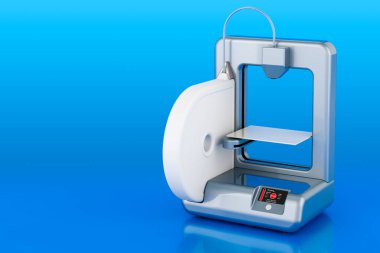 Mavi arkaplan üzerine modern 3D yazıcı, 3B oluşturma