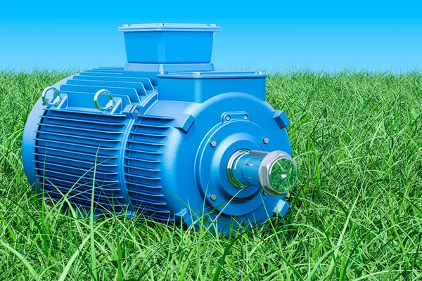 绿色草地上的工业电动机与蓝天的对比 3D渲染 — 图库照片