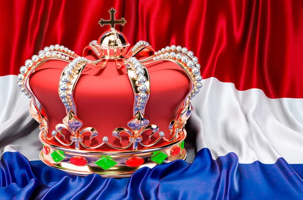 Βασιλικό Χρυσό Στέμμα Κοσμήματα Στο Φόντο Σημαία Της Ολλανδίας Απόδοση — Φωτογραφία Αρχείου
