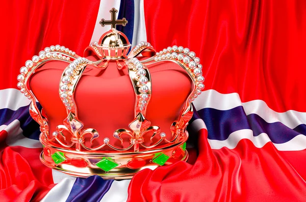 Βασιλικό Χρυσό Στέμμα Κοσμήματα Στο Φόντο Σημαία Του Βασιλείου Της — Φωτογραφία Αρχείου