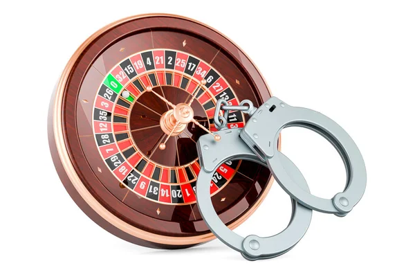 Handschellen Mit Casino Roulette Darstellung Isoliert Auf Weißem Hintergrund — Stockfoto